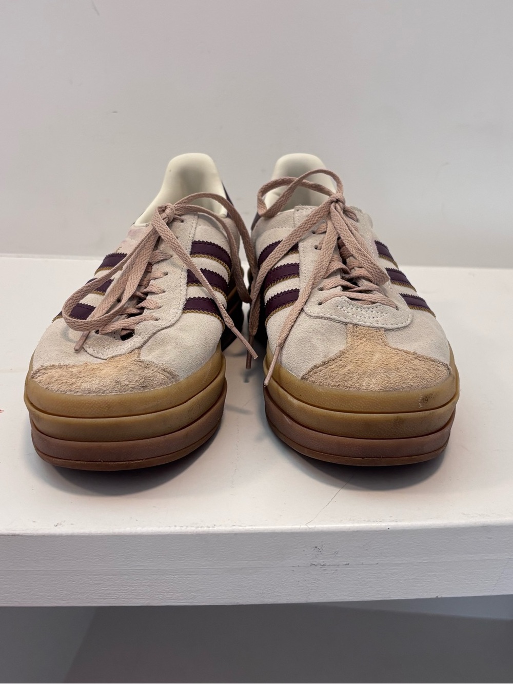 adidas gazelle platform Beige Suede Platform Sneakers with burgundy Stripes